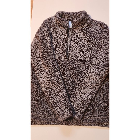 Emily B Womens SMALL Fleece Pullover Jacket Gray/ Ivory  Sherpa 1/4 Zip Front - Picture 3 of 4